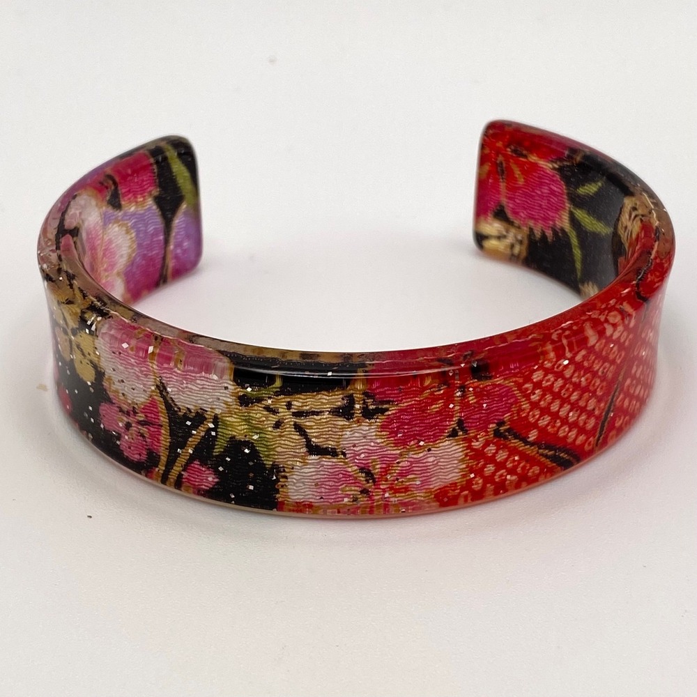 Vintage Cuff Bracelet Resin Acrylic Asian Floral Kimono Fabric Red Pink Gold OS